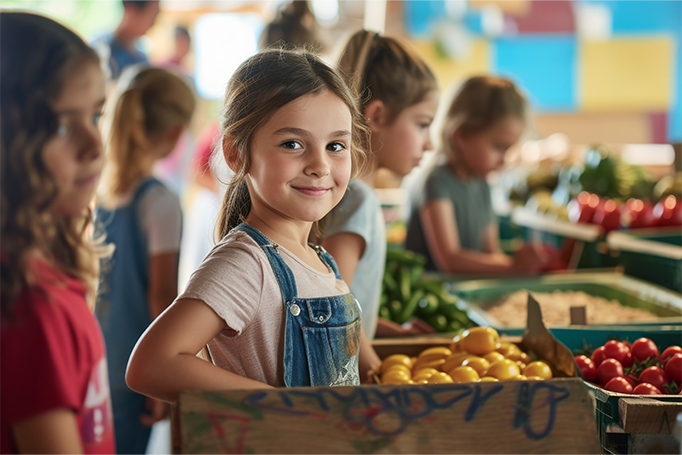 Little girl standing near produce