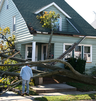 A man standing outside his house looking at damage caused by a fallen tree.